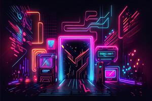 generativ ai illustration av gaming bakgrund, abstrakt cyberpunk stil av gamer tapet, neon glöd ljus av scifi fluorescerande pinnar. digitalt genererad bild foto