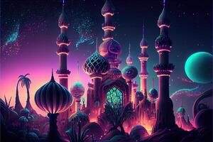 generativ ai illustration av fe- - berättelse arab natt stad med torn och musslor. natt neon orientalisk stad. fantasi urban arabicum landskap foto