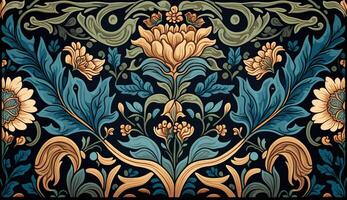 generativ ai, blommig färgrik mönster. william morris inspirerad naturlig växter och blommor bakgrund, årgång illustration. folk stil foto