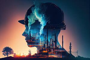 generativ ai illustration av en dubbel- exponering arbetstagare huvud, ett olja, gas, och petrokemiska raffinaderi anläggning demonstrerar de framtida av elektricitet och de ingenjör foto