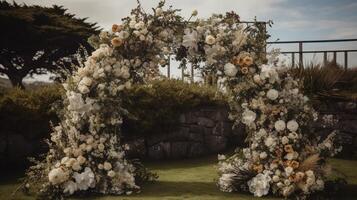 generativ ai, bröllop ceremoni boho rustik stil båge med blommor och växter, blomma buketter. foto