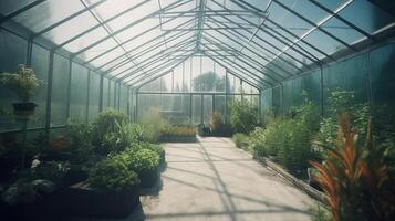 generativ ai, grön hus från de glas, tält-glas trädgård med en massa av växter. fotorealistisk effekt. foto