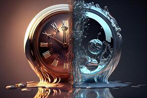 generativ ai illustration av de illusion av tid, en overkligt klocka tillverkad av gyllene och kvicksilver material, smältande i en förvrängd och vätska sätt foto