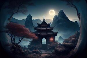 generativ ai illustration av fantasi bakgrund med mystisk gammal kinesisk tempel i berg. digital konstverk. kinesisk stil. gaming och konst begrepp. foto