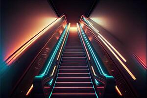 generativ ai illustration av underjordisk rulltrappa med neon belysning, dynamisk lampor, uppåt rörelse, trappa foto