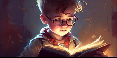generativ ai illustration av intelligent söt pojke i glasögon läsning en bok, volumn ljus foto