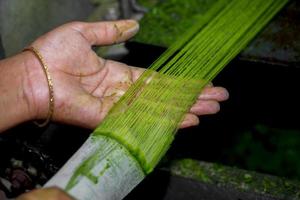 fiber är varelse tillverkad från de ananas träd löv. en hand och otvättad ananas blad fiber. miljövänlig Produkter. jordbruks avfall produkt. foto