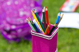 banan fibertillverkade rosa penna hållare med Flerfärgad pennor. böcker, anteckningsböcker, skola påsar kan vara sett på ut av fokus i de gräs. foto