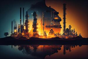 generativ ai illustration av en dubbel- exponering konstverk, ett olja, gas, och petrokemiska raffinaderi anläggning demonstrerar de framtida av elektricitet och de ingenjör foto