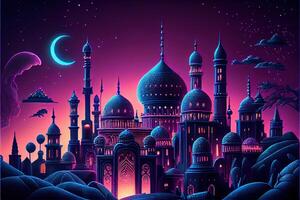 generativ ai illustration av fe- - berättelse arab natt stad med torn och musslor. natt neon orientalisk stad. fantasi urban arabicum landskap foto