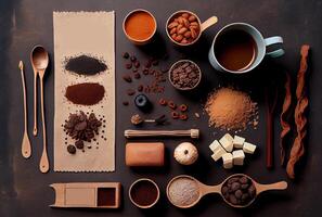 generativ ai illustration av Ingredienser för framställning kaffe platt lägga foto