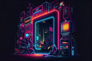 generativ ai illustration av gaming bakgrund, abstrakt cyberpunk stil av gamer tapet, neon glöd ljus av scifi fluorescerande pinnar. digitalt genererad bild foto