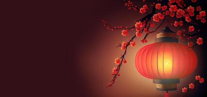 generativ ai illustration av kinesisk traditionell röd festival bakgrund med en kinesisk röd plommon blomma, lykta, vår festival, ny år, kinesisk traditionell kultur element foto