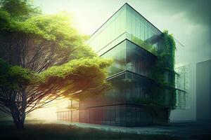 generativ ai illustration av eco vänlig konstruktion i en samtida metropol. en hållbar glas byggnad med grön träd grenar och löv för sänkning värme och kol dioxid. foto