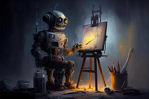 generativ ai illustration av cyborg ai robot konstnär i mörk studio Nästa till hans staffli, målning och målarfärger medan arbetssätt, neuralt nätverk genererad konst. digitalt målning, genererad bild. foto