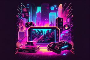 generativ ai illustration av gaming bakgrund, abstrakt cyberpunk stil av gamer tapet, neon glöd ljus av scifi fluorescerande pinnar. digitalt genererad bild foto