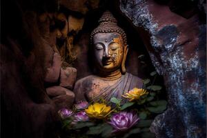 generativ ai illustration av abstrakt levande buddha, blommor, magi belysning, skön metallisk och sten färger, detaljerad, naturlig belysning, naturlig miljö. digitalt genererad bild foto