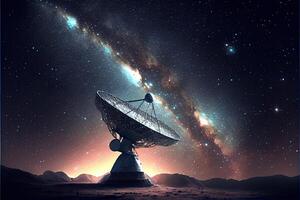 generativ ai illustration av fantasi natt landskap. mjölkig sätt, nebulosor. radio teleskop för kosmisk forskning och starry natt på bakgrund foto