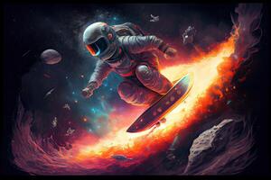 generativ ai illustration av en Plats explorer ridning en raketdriven surfingbräda genom ett asteroid fält, i en digital konst stil med en galaktisk Färg palett foto