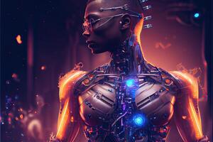 generativ ai illustration av robot vändning mänsklig fortfarande ha hud, in i cyborg, cyberpunk bakgrund foto