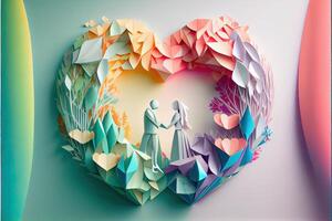 generativ ai illustration av origami valentine dag bakgrund, Lycklig par, färgrik. papper skära hantverk, 3d papper stil. neuralt nätverk genererad konst. digitalt genererad bild foto