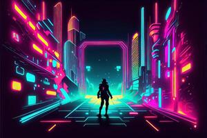 generativ ai illustration av gaming bakgrund, abstrakt cyberpunk stil av gamer tapet, neon glöd ljus av scifi fluorescerande pinnar. digitalt genererad bild foto