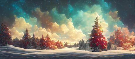 generativ ai illustration av jul dekorerad grön gran träd i vinter- skog, abstrakt fantasi festlig jul träd, vinter- abstrakt landskap. solljus i de vinter- skog. digital konst. foto