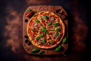 generativ ai illustration av hemlagad pizza med tomat och oliver på trä- pizza styrelse, topp se, platt lägga. mörk sten bakgrund foto
