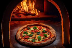 generativ ai illustration av italiensk pizza är kokta i en vedeldad ugn. foto
