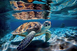 generativ ai illustration av en hav sköldpadda i kristall klar vatten. Fantastisk kristallin havsbotten. rev full av liv foto