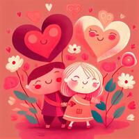 generativ ai illustration av ett förtjusande och älskvärd tecknad serie karaktär för hjärtans dag, kärlek, hjärtan, blommor, romantik, Lycklig, glad, glad, roligt, lekfull, sorglös, ljuv foto