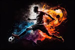 generativ ai illustration av de väsen av en fotboll spelare i rörelse som de sparka en boll med intensiv energi, omgiven förbi vibrerande färger och stänk foto