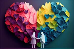 generativ ai illustration av origami valentine dag bakgrund, Lycklig par, färgrik. papper skära hantverk, 3d papper stil. neuralt nätverk genererad konst. digitalt genererad bild foto