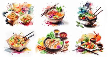 generativ ai illustration av knolling japansk kök mat, vattenfärg måla stil, uppsättning av asiatisk mat foto