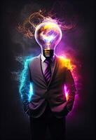 generativ ai illustration av innovativ företag, en jätte ljus Glödlampa, klädd i en eleganta kostym, med färgrik belysning omgivande den foto
