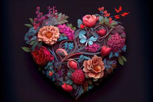valentines dag bakgrund, kärlek hjärta form göra förbi reste sig, körsbär blomma, daisy blommor... . neuralt nätverk genererad konst. digitalt genererad bild. inte baserad på några faktisk scen eller mönster. foto