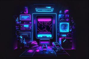 generativ ai illustration av gaming bakgrund, abstrakt cyberpunk stil av gamer tapet, neon glöd ljus av scifi fluorescerande pinnar. digitalt genererad bild foto