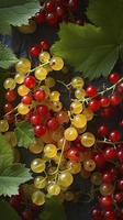 ett bild av röd vinbär bär och gul löv, i de stil av ljus röd och ljus smaragd, generat ai foto