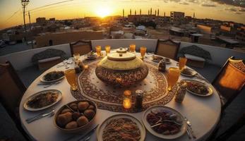 ramadan iftar mat, iftar måltider och sammankomster, ramadan iftar eid. muslim familj har middag på Hem. tabell med traditionell mat. eid al-fitr firande, generera ai foto