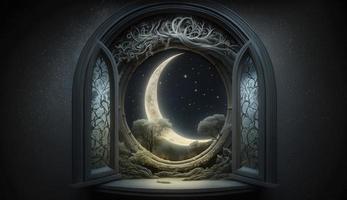 mystisk fönster med halvmåne måne i natt himmel, islamic hälsning eid mubarak för muslim högtider. eid-ul-adha festival firande. arabicum ramadan kareem, generera ai foto