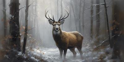 en härlig målning av en rådjur i de skog med ljus snö faller, generera ai foto