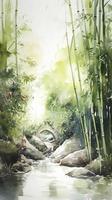 vattenfärg ljus bambu skog med sida se och enkel vit bakgrund, med små flod, generera ai foto