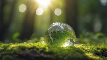 Foto solljus med jord sfär kristall eller hållbar klot glas på grön mossa natur bakgrund i ekologi miljö skog begrepp av träd bevarande miljö- planet eko, generat ai