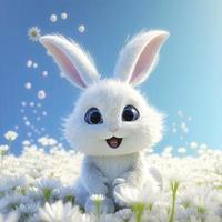 en super söt bebis pixar-stil vit fe- kanin, skinande vit fluffig, stor ljus ögon, fluffig svans, leende, fe- berättelse, generat ai foto