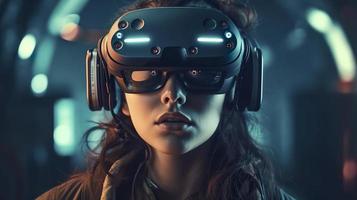 Foto porträtt cyberpunk kvinna på de isolerat suddig bakgrund cyborg karaktär bär virtuell verklighet glasögon, generat ai