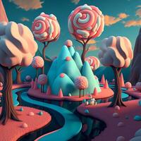 ljuv landa 3d tecknad serie bakgrund. blå mastik bergen mot rosa marshmallow träd.godisland. ai genererad. foto