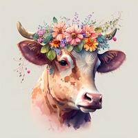 vattenfärg söt ko med en rosa näsa och en krans av blommor på dess huvud.mejeri förpackning blank.ai genererad. foto