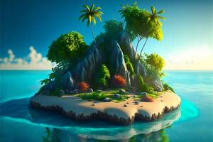 färgrik tecknad serie tropisk ö med handflatan träd annorlunda växter och skön turkos vatten runt om. ai genererad. foto