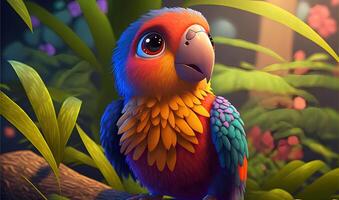 färgrik tecknad serie papegoja med stor ögon Sammanträde på en gren mot de bakgrund av de jungle.ai genererad. foto
