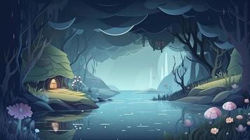 en magisk saga landskap med en skog sjö, förtrollade trädgård, och en mystisk blå bakgrund, generera ai foto